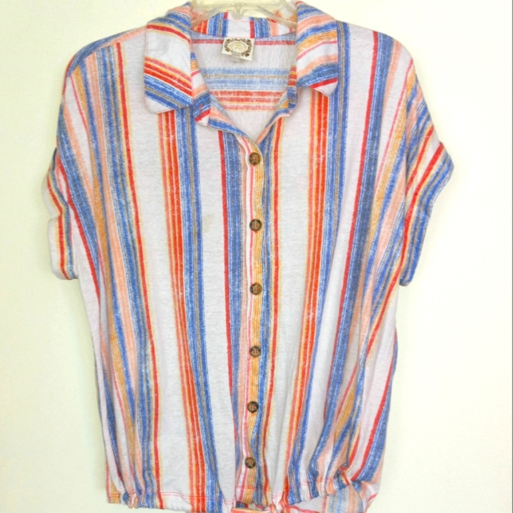 True Self multi colored button up tie waist boho Hippie top size Large